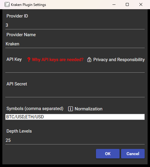 The Kraken connector's settings dialog: Provider ID 3, Provider Name Kraken, empty API key and secret, the symbols box reading BTC/USD,ETH/USD, and depth levels 25