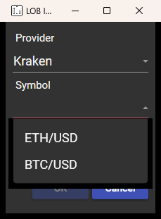 The Symbol dropdown open in a tile's settings, listing the two instruments the Kraken connector has delivered so far: ETH/USD and BTC/USD