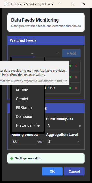 Choosing a provider from the connected-venue list in the Data Feeds Monitoring settings