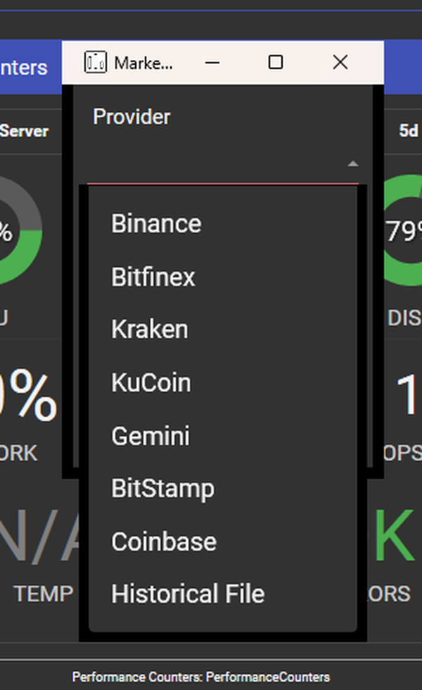 The Market Event Stats provider list open, showing Binance, Bitfinex, Kraken, KuCoin, Gemini, BitStamp, Coinbase and Historical File