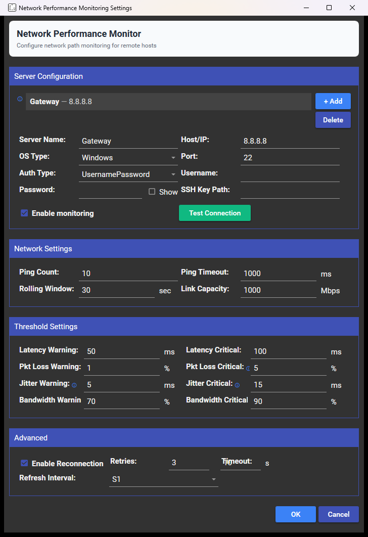The Network Performance Monitoring settings dialog: the monitored-server list with Add and Delete, the server connection fields, the probe settings and the four warning and critical threshold pairs