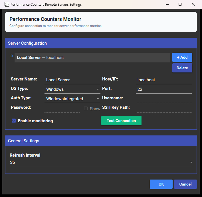 The Performance Counters settings dialog: the monitored-server list with Add and Delete, the server connection fields with the credential boxes greyed out because the target is Windows, and the refresh interval