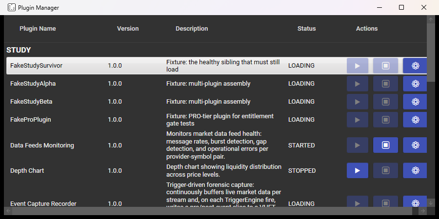 The Plugins Management window listing loaded plugins with start, stop and configure controls