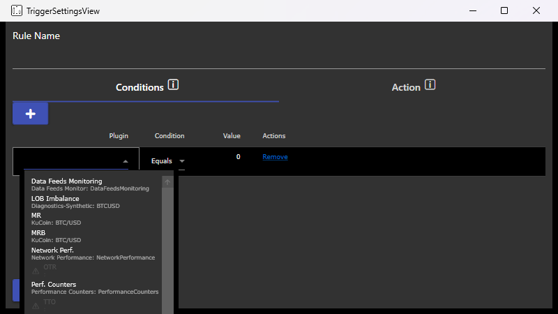 The trigger rule editor with the plugin picker open, listing Data Feeds Monitoring, Network Performance and Performance Counters alongside the other running studies