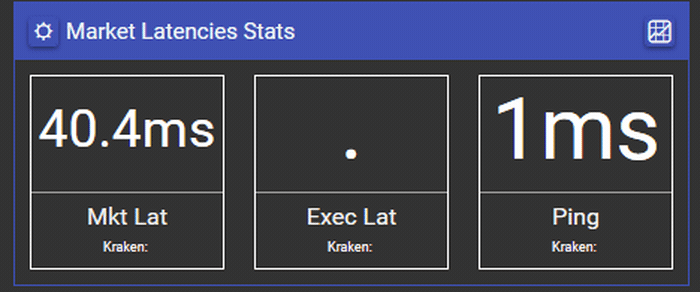 The Market Latencies Stats counters updating live: market latency refreshing against the venue's clock and Ping reporting its REST round trip