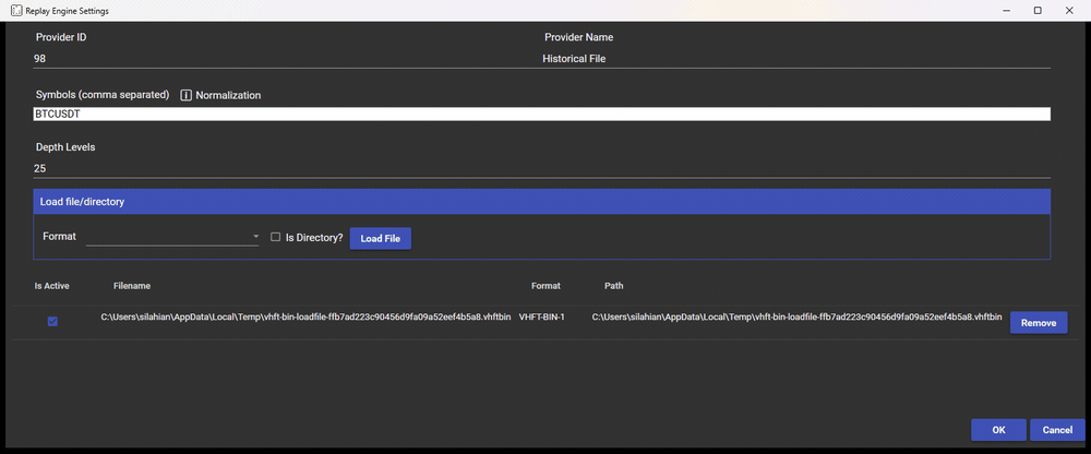 Configuring the Replay Engine for a converted VHFT-BIN-1 capture: setting the symbol, choosing the format, removing the previous entry and adding the new file