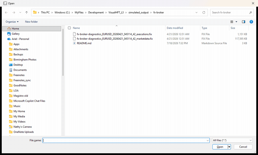 The file picker adding the converted .vhftbin capture to the replay file list