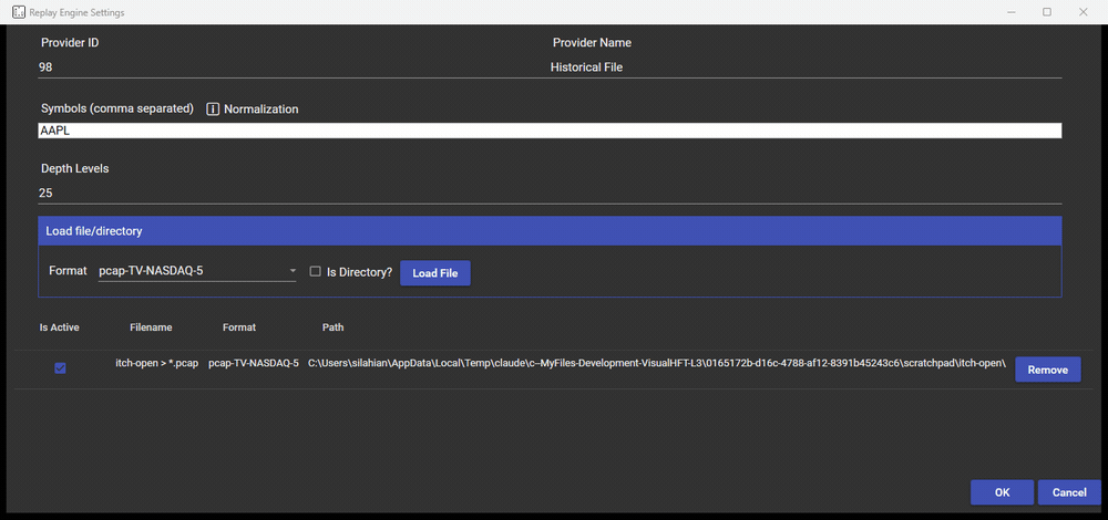 Configuring the Replay Engine for a NASDAQ ITCH capture: typing the symbol, choosing the pcap-TV-NASDAQ-5 format, ticking Is Directory, and loading the folder