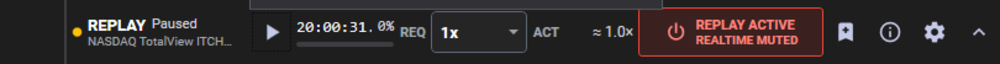The same console once replay is engaged: replay active, realtime muted, virtual clock at 20:00:31, achieved speed approximately 1.0x