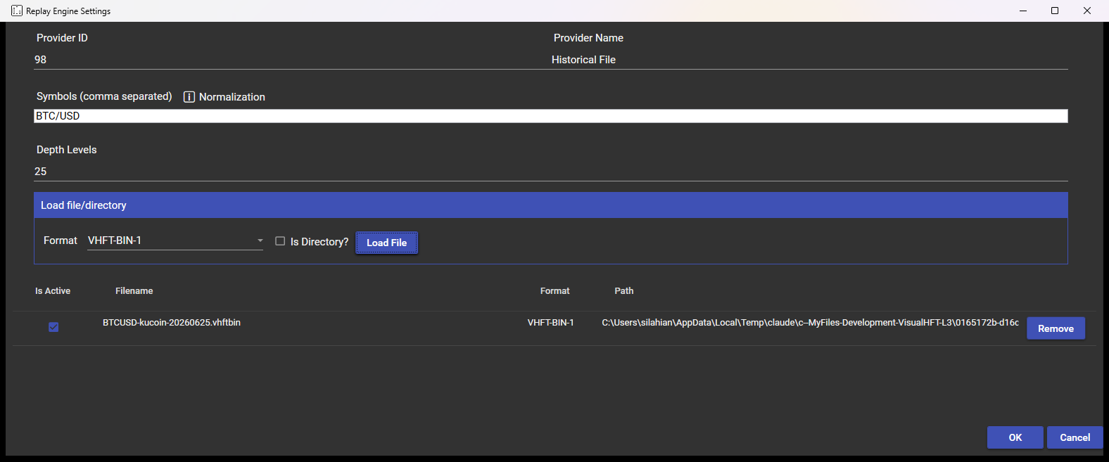 The Replay Engine settings dialog: provider identity 98 Historical File, the symbol list, depth levels, the format picker, and the loaded capture file