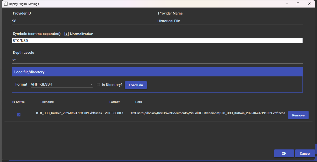 The Replay Engine Settings dialog showing provider identity 98 "Historical File", the symbol list, depth levels, the format picker and the loaded capture