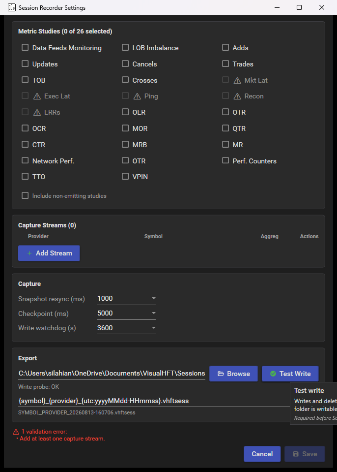 The Session Recorder settings window: the 26 selectable metric studies, the capture-stream list, the capture cadences, and the export block with its write probe and file-name template preview