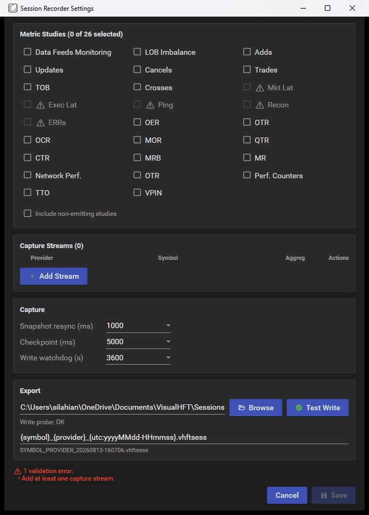 The Session Recorder console and its configuration surface: stream selection, study metrics to record, output folder and file-name template