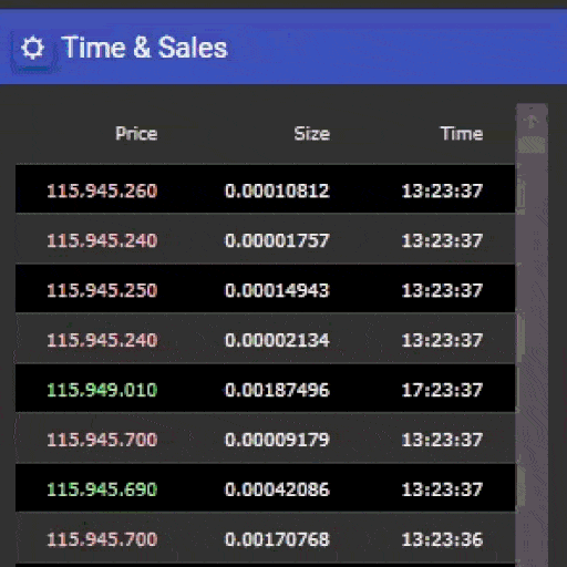 VisualHFT Time & Sales panel showing real-time trade-by-trade execution tape