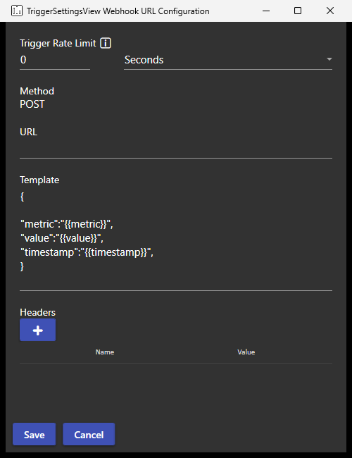 Webhook configuration: rate limit, method, URL, template and headers