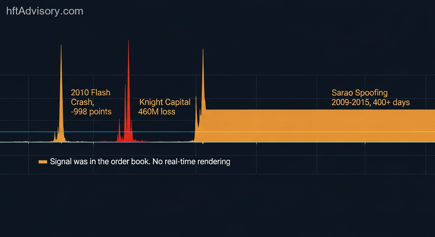 Timeline of three market microstructure incidents — Flash Crash, Knight Capital, Sarao spoofing